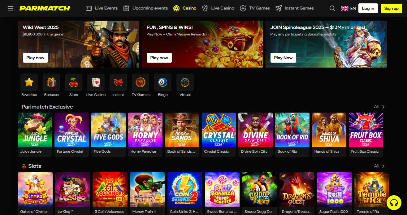 Sảnh casino trực tuyến Parimatch Vietnam với slot machine và trò chơi bàn