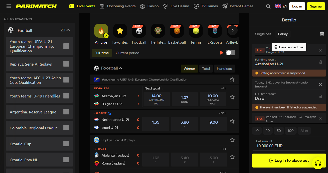Giao diện live-betting Parimatch Vietnam cập nhật odds theo thời gian thực