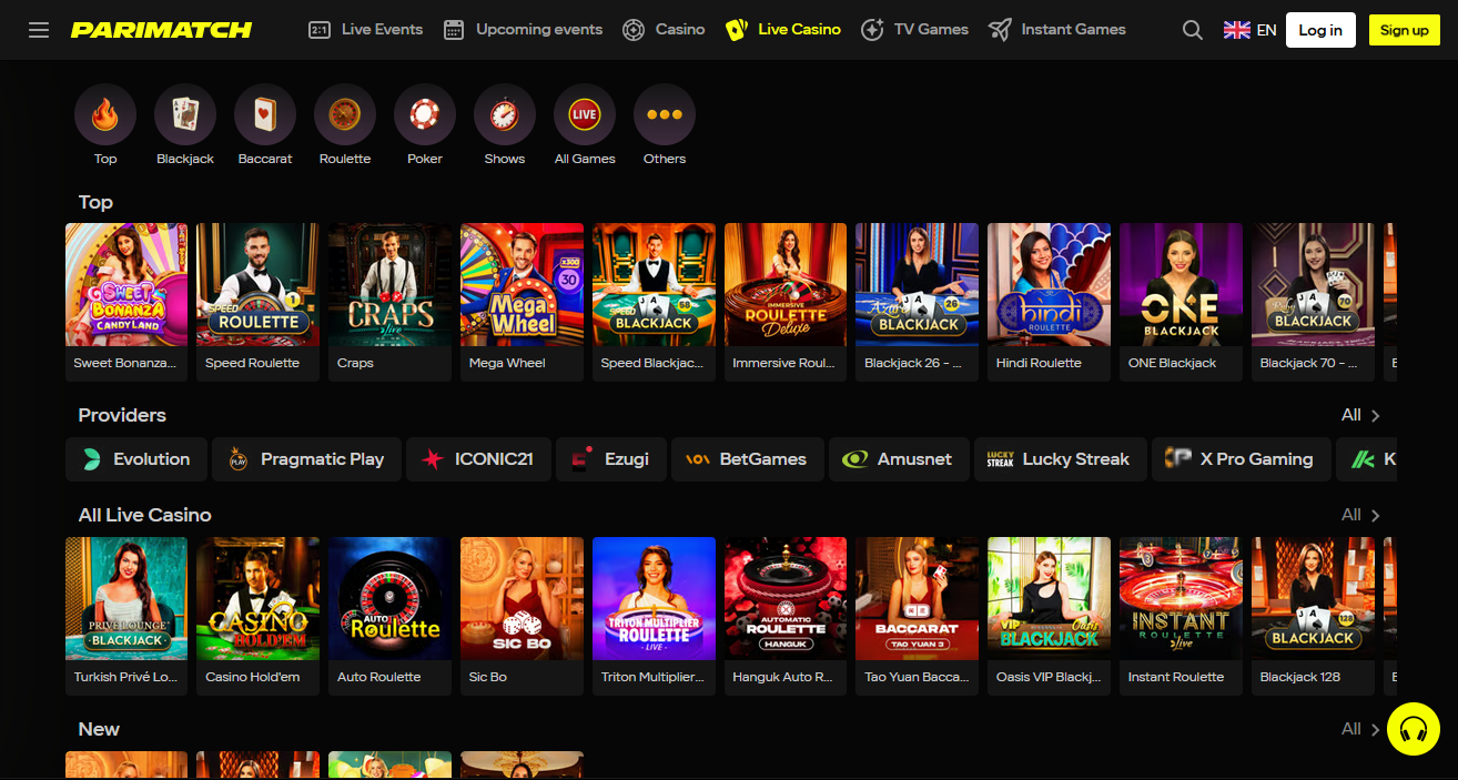 Khu vực live-casino Parimatch Vietnam với dealer chia bài trực tiếp
